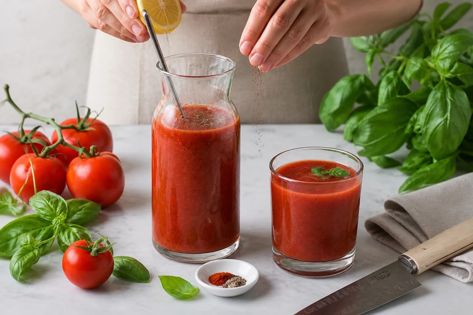 Etape 4 : Assaisonner et servir bien frais — Jus de tomate maison : 3 gestes clés