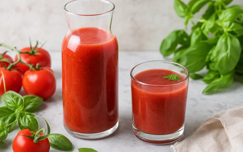 Jus de tomate maison servi frais dans quatre verres, avec tomates mûres, citron et basilic