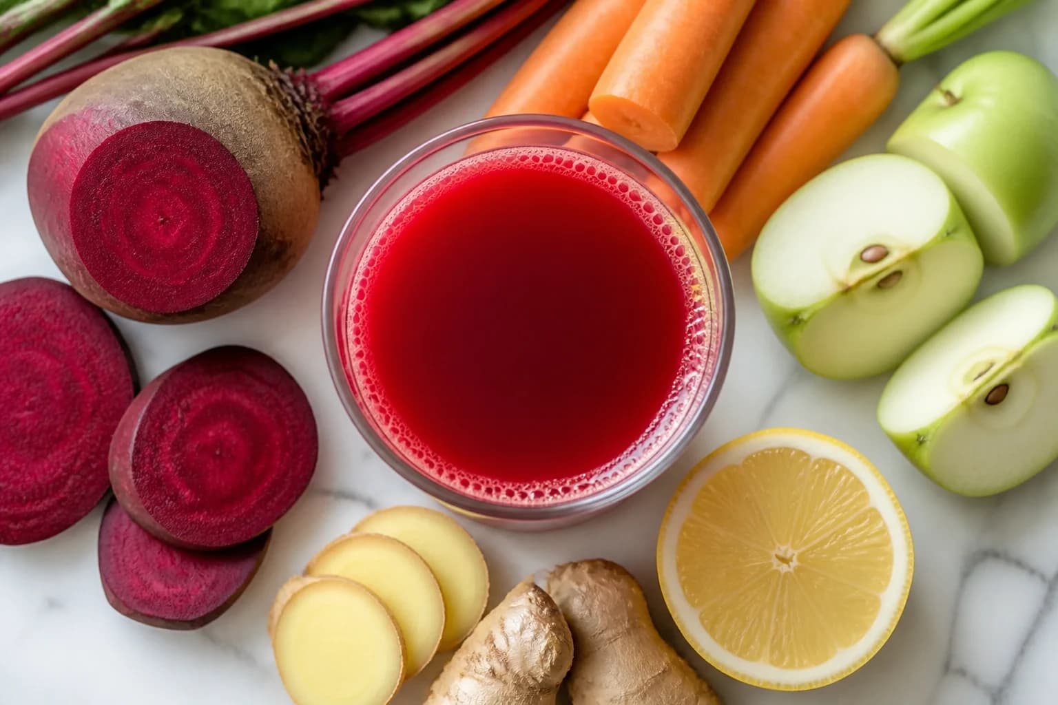 Ingrédients du jus détox foie betterave carotte : vue top-down avec betterave crue, carotte, pomme verte et gingembre