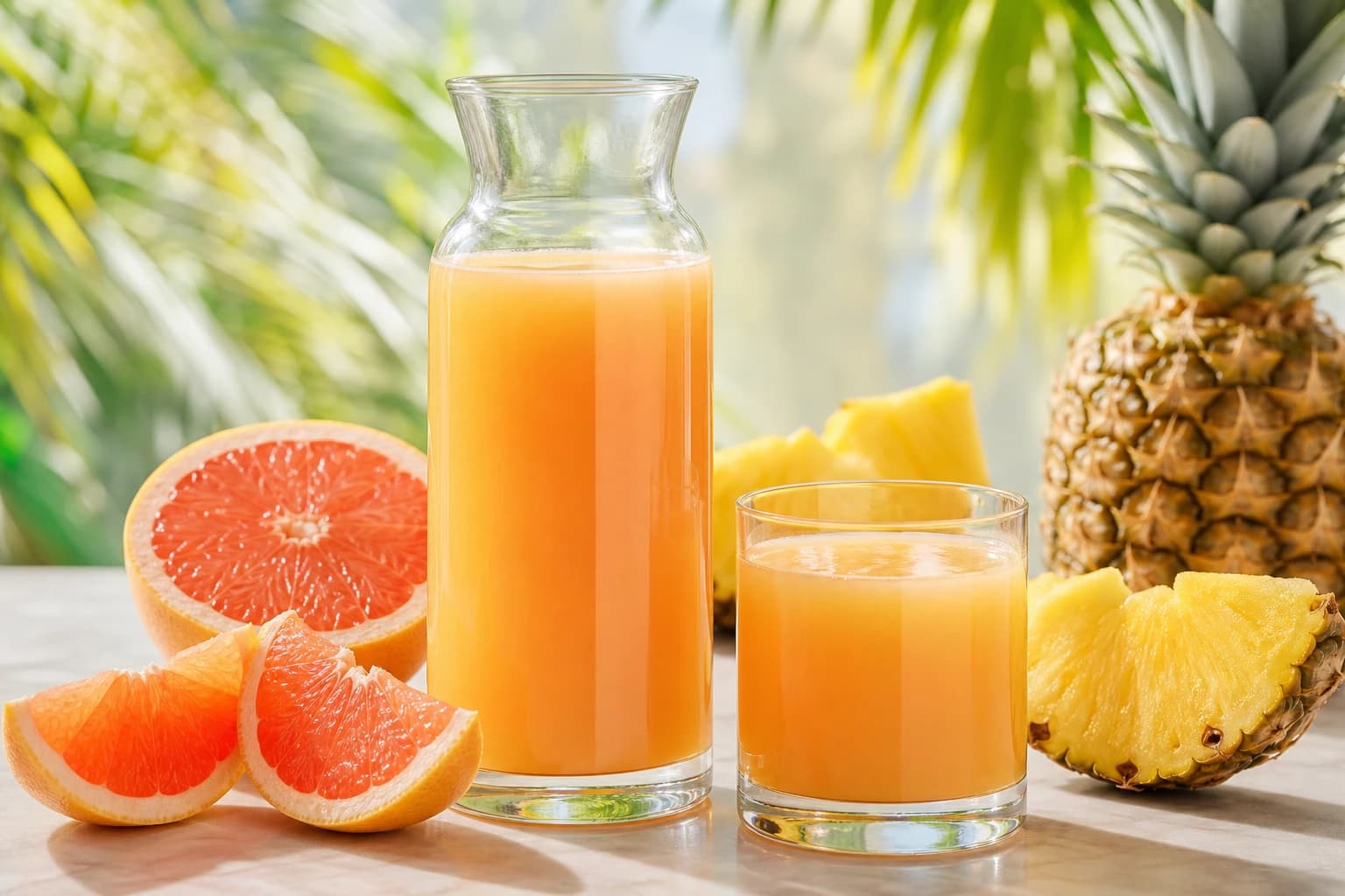 Jus pamplemousse ananas rose doré servi dans une carafe et quatre verres