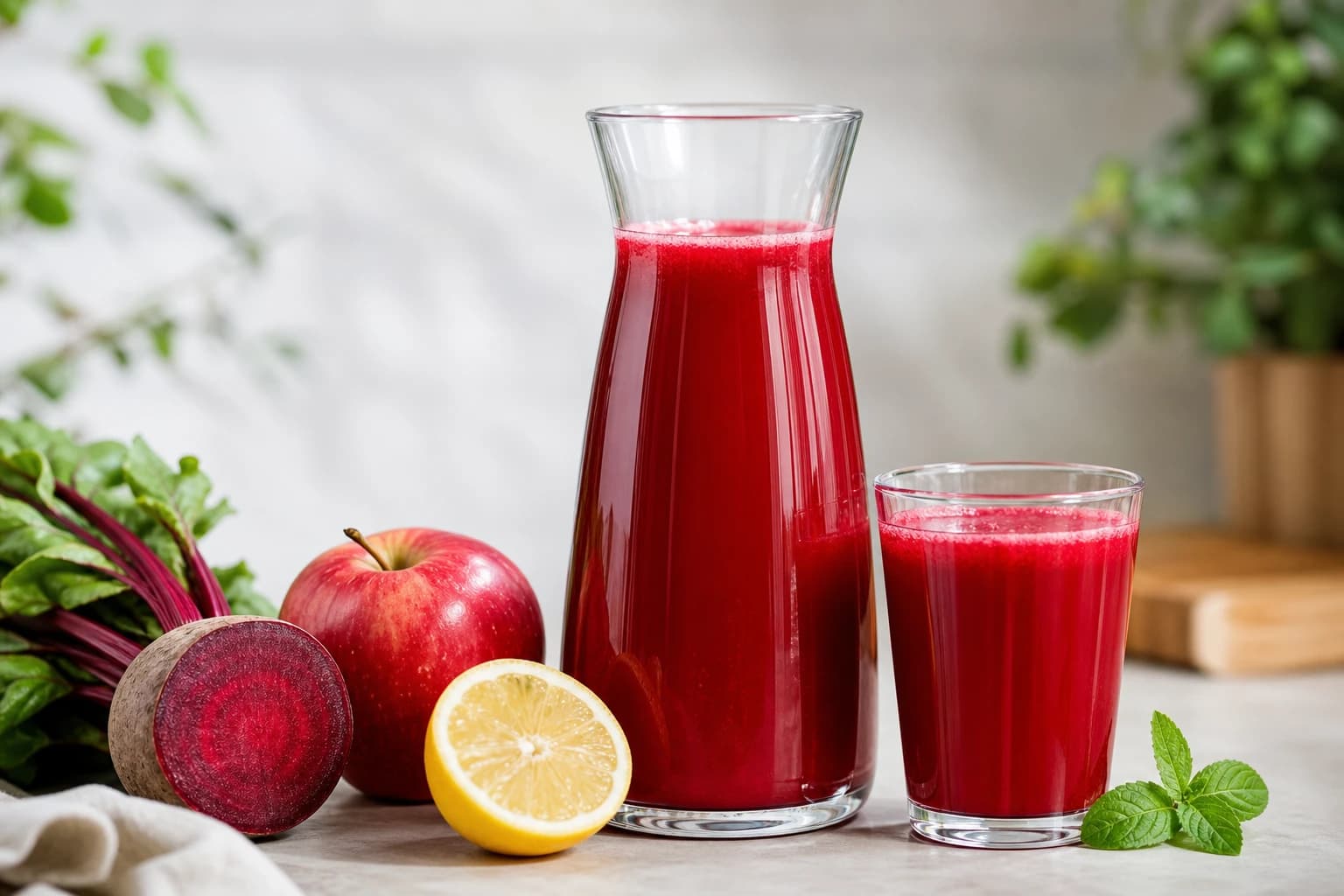 Jus pomme betterave citron rouge rubis servi dans une carafe et quatre petits verres