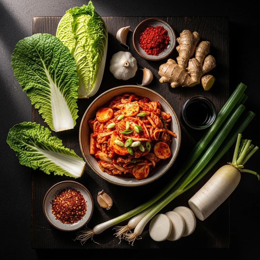 Bol de kimchi maison facile coréen avec chou chinois fermenté, gochugaru rouge, ingrédients frais éparpillés sur planche en bois sombre