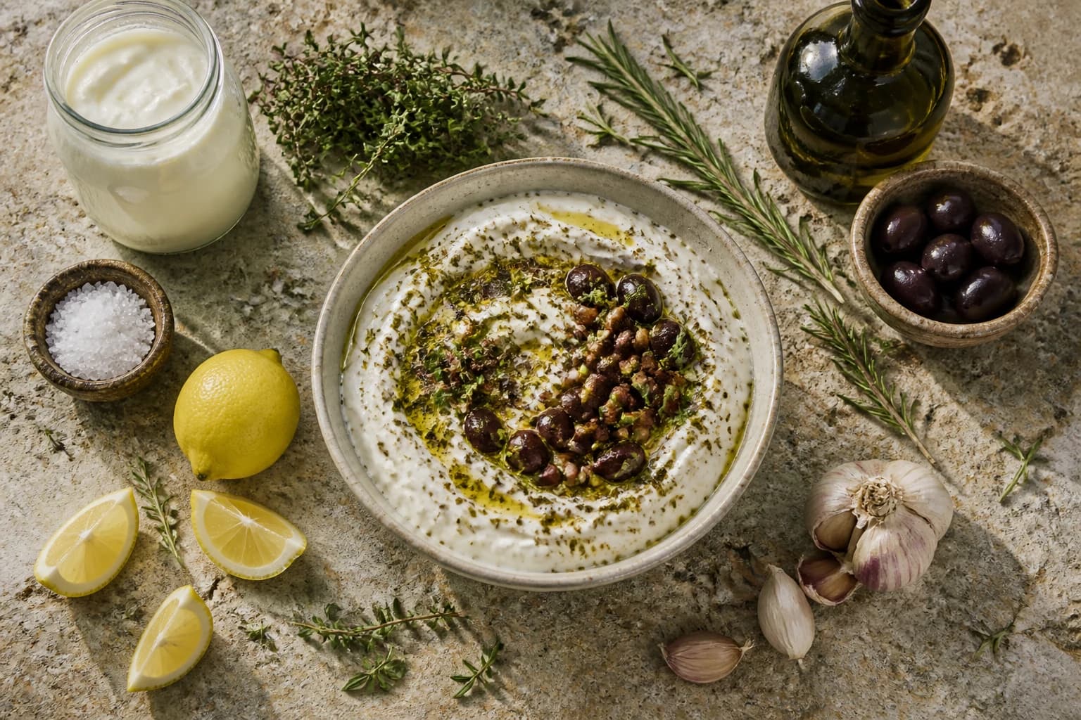 Labneh maison au zaatar avec pain pita grillé et crudités fraîches