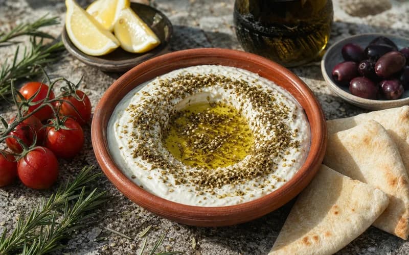 Bol de labneh crémeux blanc nappé de zaatar vert et d'un généreux filet d'huile d'olive dorée
