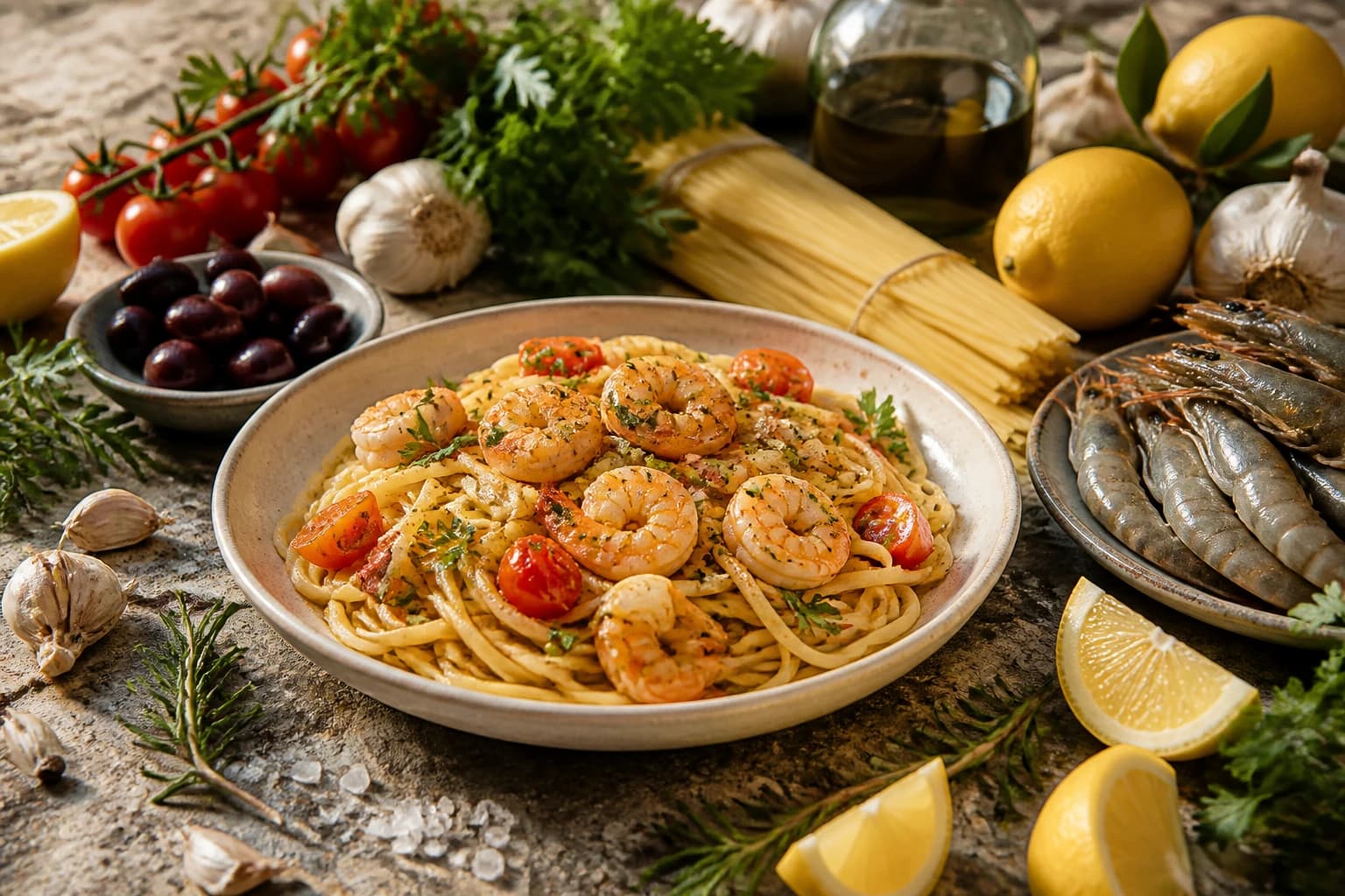 Linguine aux crevettes et citron à la grecque avec crevettes nacrées, ail, persil et zeste de citron
