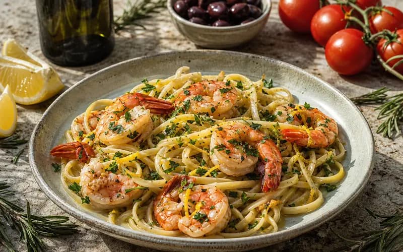 Linguine aux crevettes et citron, pâtes méditerranéennes légères et parfumées