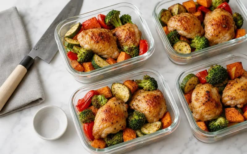 Quatre boîtes repas de meal prep poulet doré et légumes rôtis colorés prêtes pour la semaine