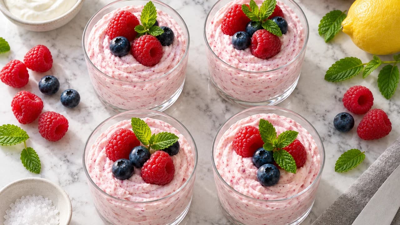 Cuillère plongeant dans une mousse rose au fromage blanc garnie de framboises et myrtilles