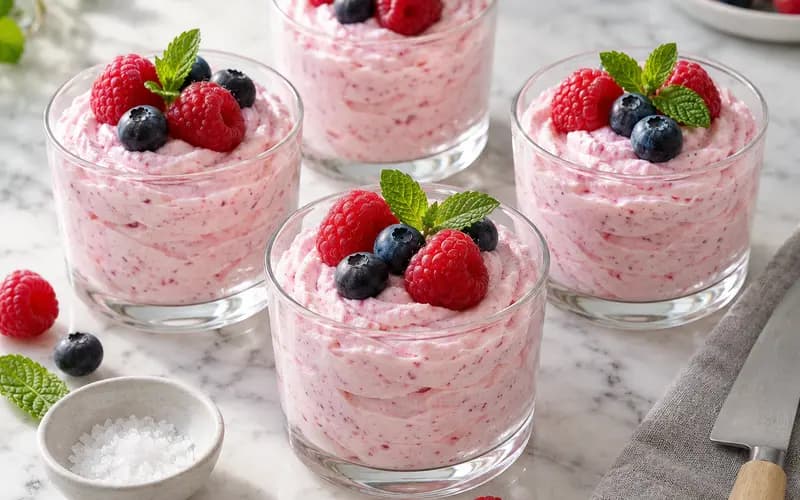 Mousse de fromage blanc rose pâle en verrines, garnie de framboises, myrtilles et menthe fraîche