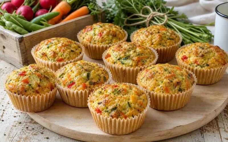 Muffins salés aux œufs et légumes dorés dans un moule, courgette et poivron visibles