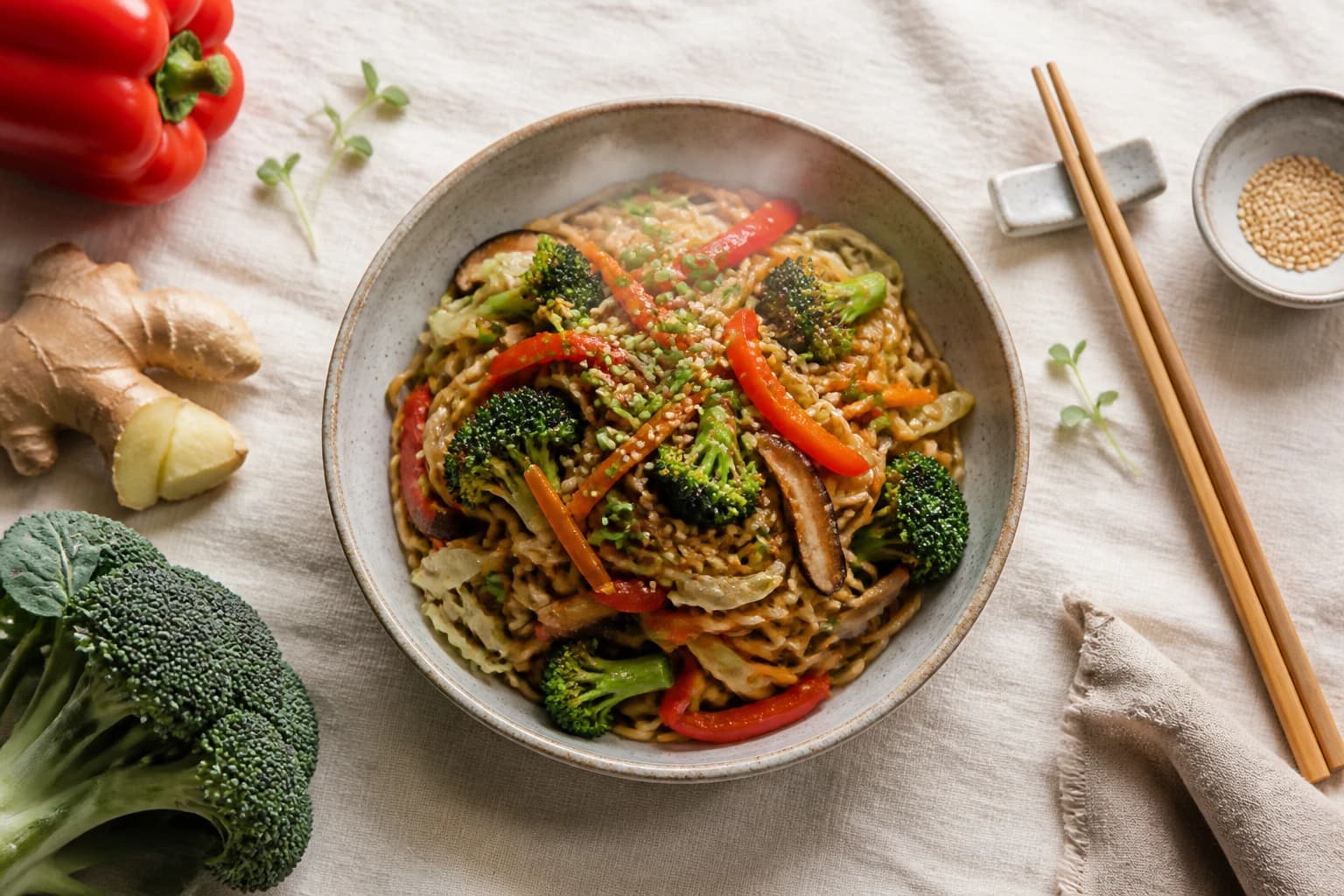 Bol de nouilles soba aux légumes colorés avec baguettes en bois posées dessus, sauce soja et graines de sésame