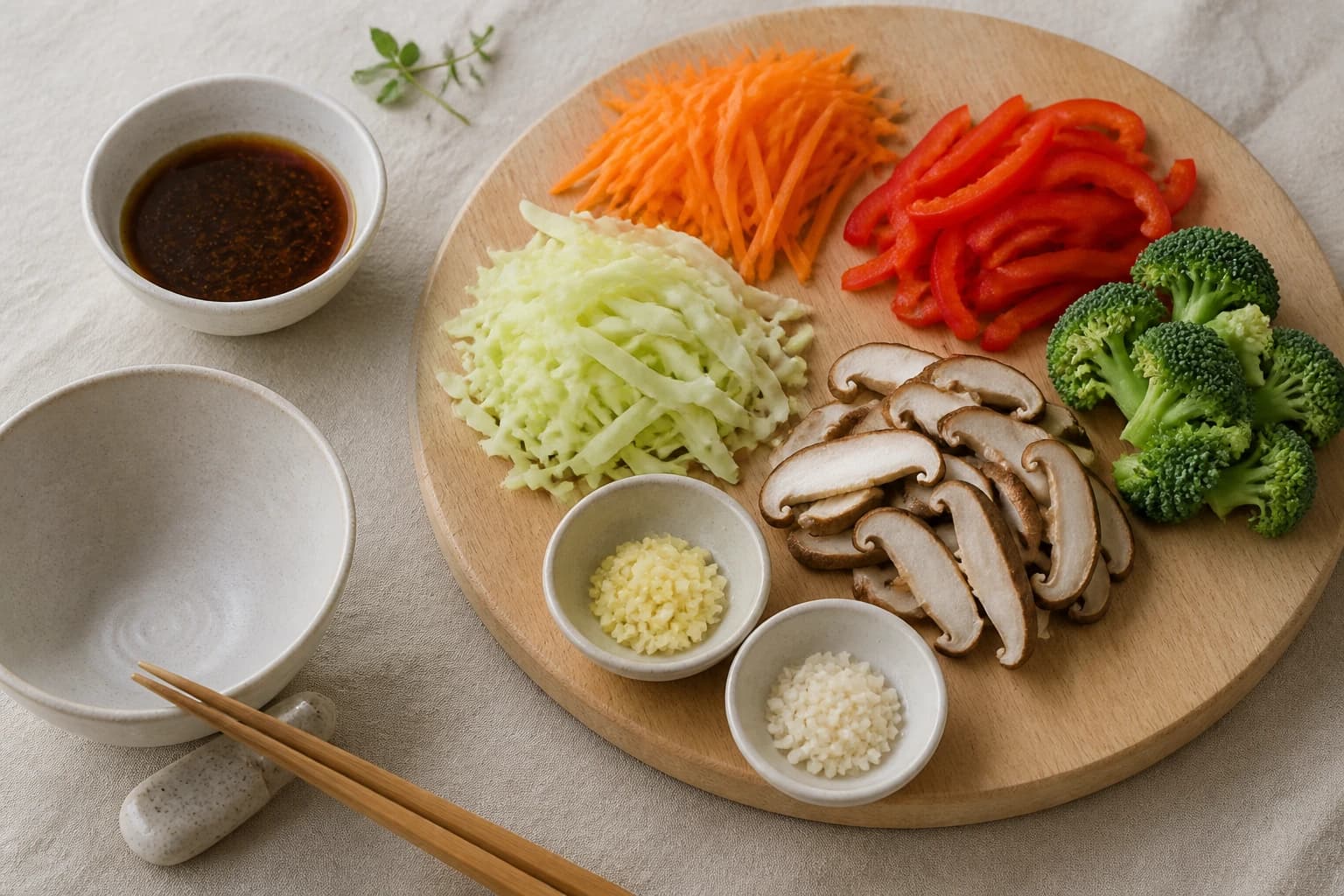 Etape 2 : Préparer les légumes et l'assaisonnement — Nouilles soba sautées : 5 légumes pour un wok sain et savoureux