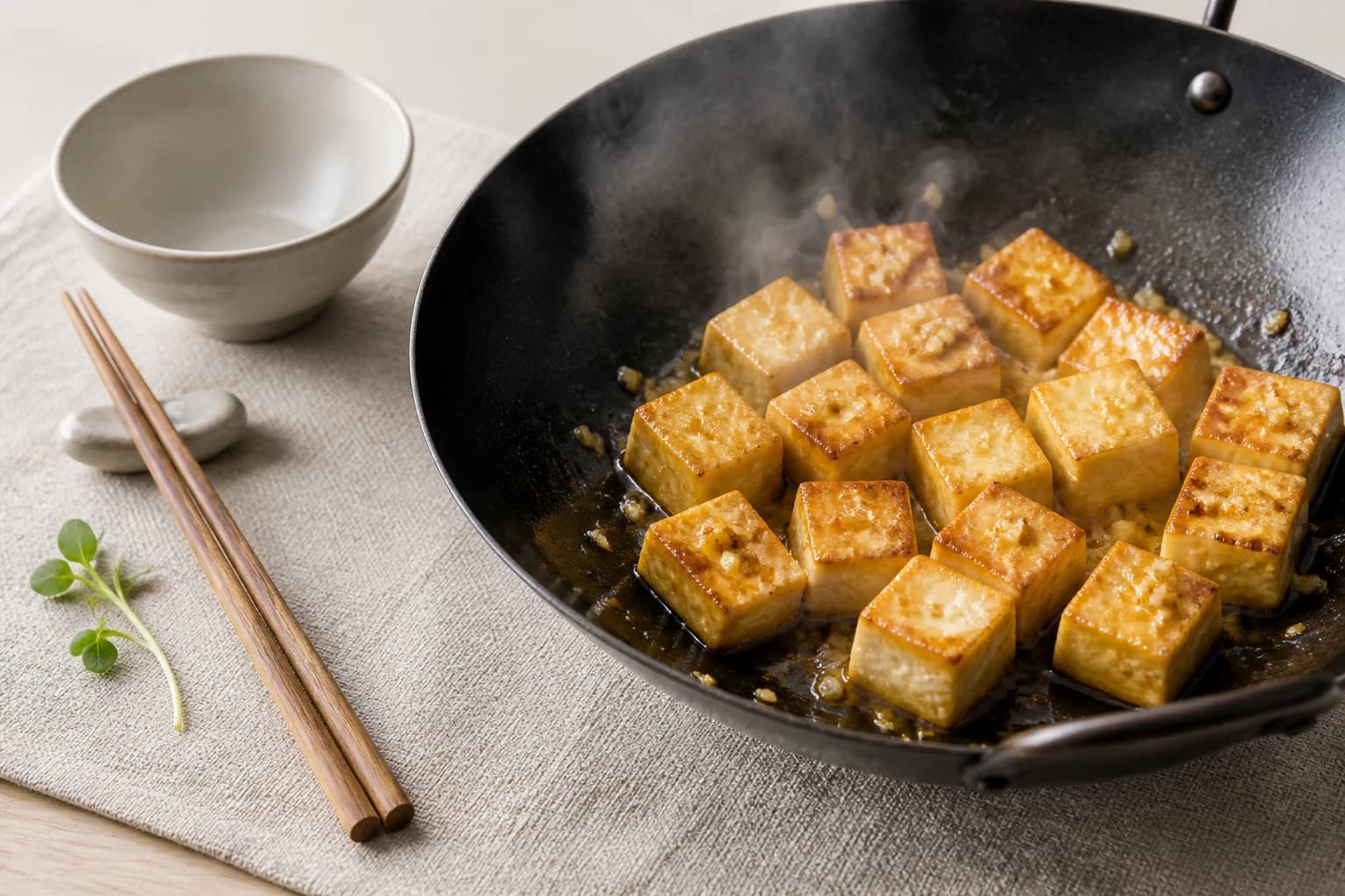 Etape 3 : Saisir le tofu et les aromates — Nouilles soba sautées : 5 légumes pour un wok sain et savoureux