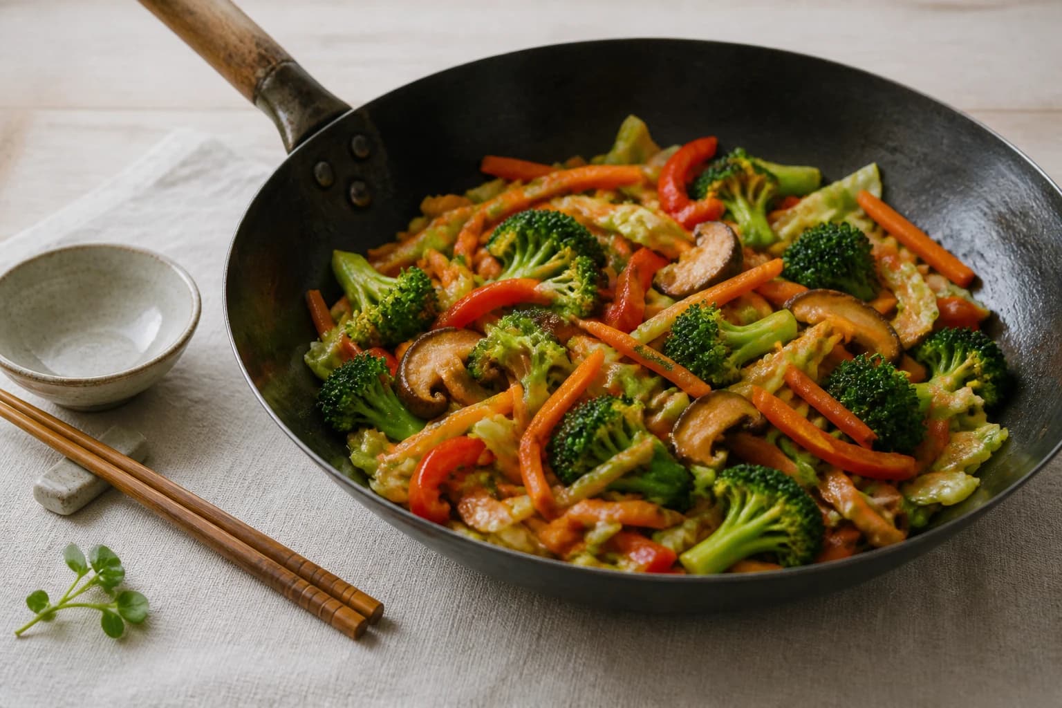 Etape 4 : Faire sauter les légumes à feu vif — Nouilles soba sautées : 5 légumes pour un wok sain et savoureux