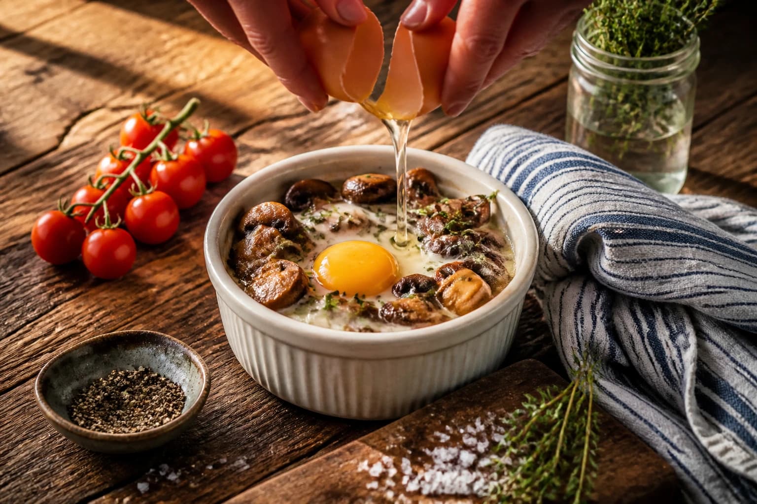 Etape 3 : Casser les oeufs — Oeufs cocotte aux champignons et épinards