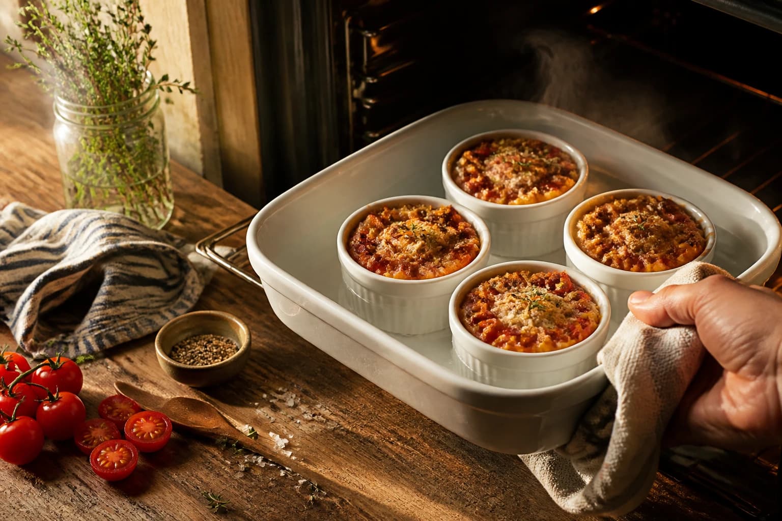 Etape 4 : Cuire au bain-marie — Oeufs cocotte aux champignons et épinards