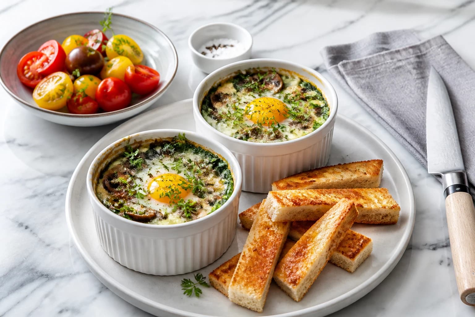 Etape 5 : Finitions et service — Oeufs cocotte aux champignons et épinards
