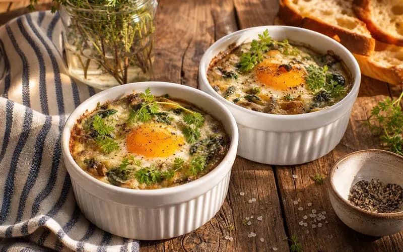 Oeufs cocotte dans ramequins en porcelaine blanche, jaune d'oeuf doré brillant sur fond crémeux de champignons bruns et épinards verts, cerfeuil frais dessus