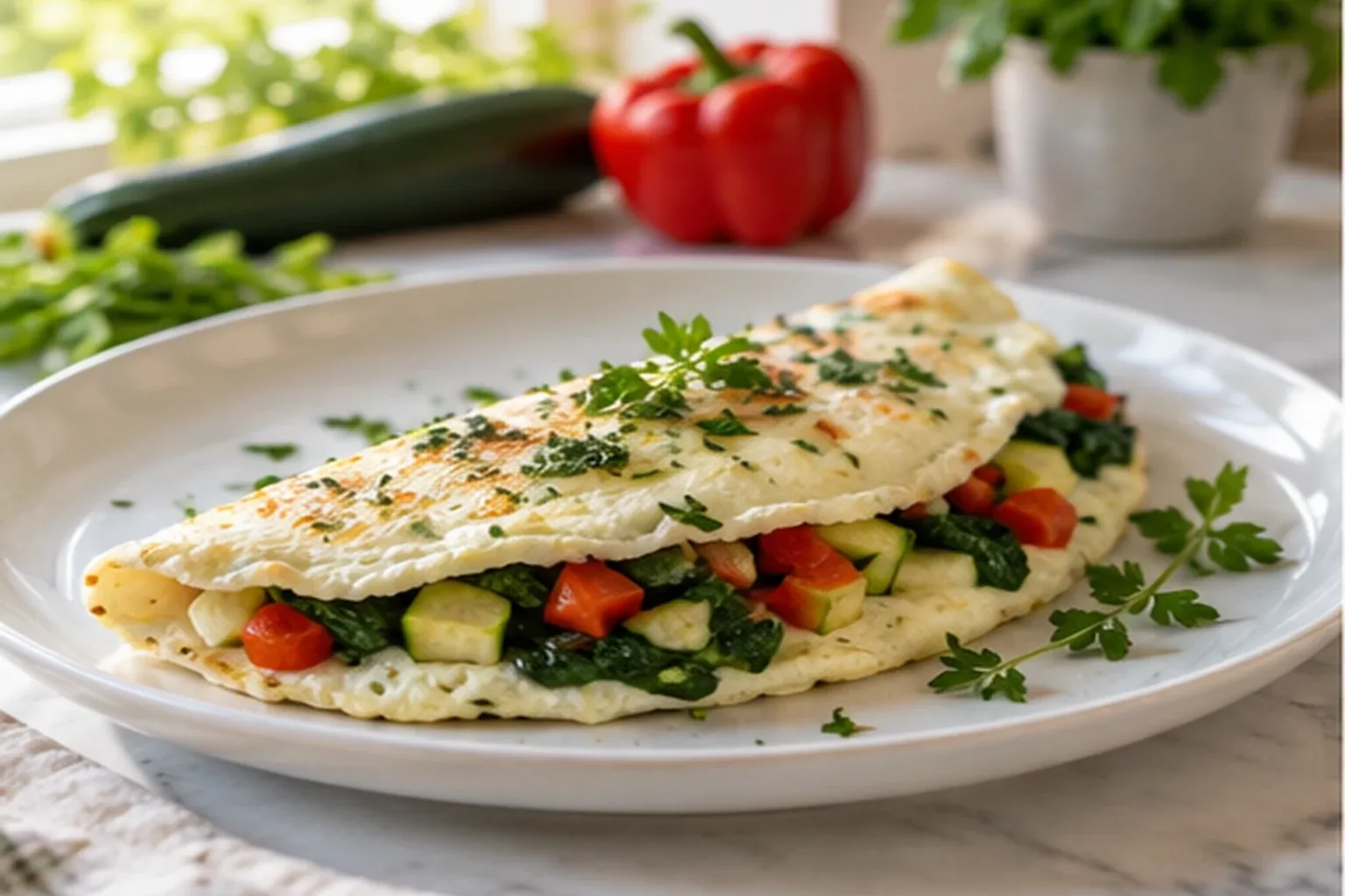 Omelette blanche pliée et garnie de courgette, poivron rouge, épinards et persil