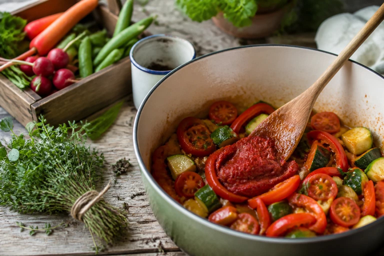 Etape 3 : Ajouter les légumes et la tomate — One pot pâtes complètes : 5 légumes, une casserole