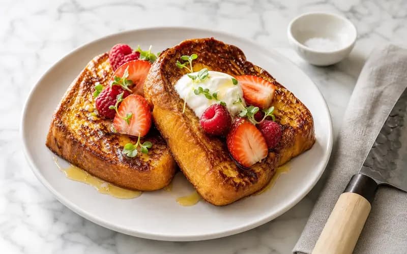 Pain perdu brioche doré à la poêle, tranches épaisses légèrement caramélisées, parsemées de sucre glace