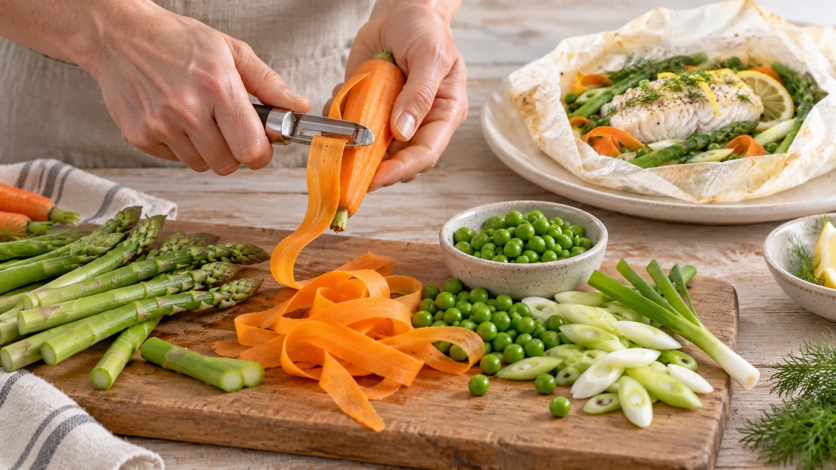 Etape 1 : Préparer les légumes printaniers — Papillote de lieu noir aux légumes printaniers