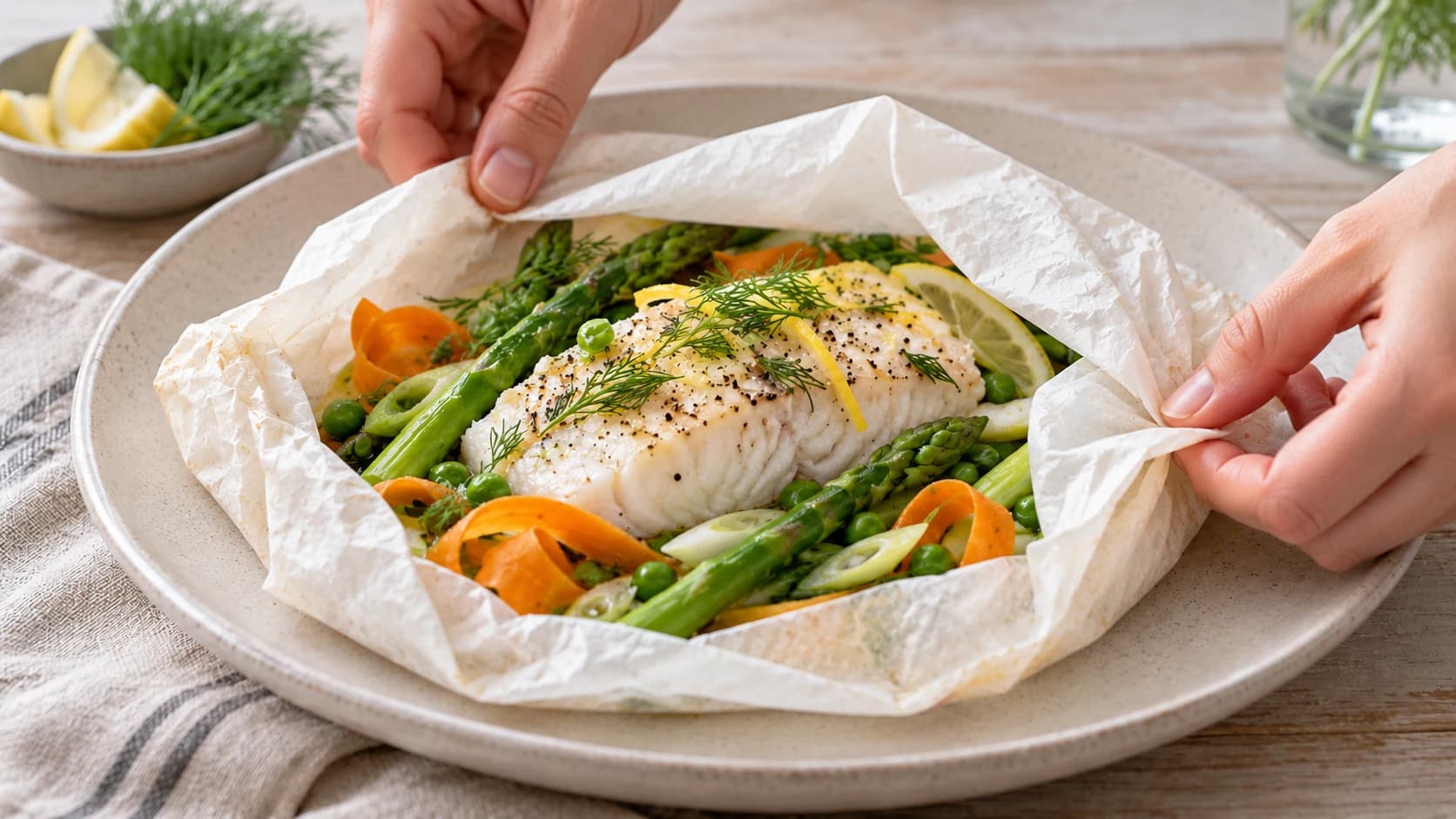 Etape 3 : Fermer les papillotes — Papillote de lieu noir aux légumes printaniers