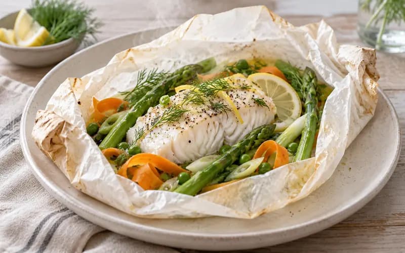 Papillote ouverte garnie d'un filet de lieu noir, d'asperges vertes, de petits pois et de rubans de carotte