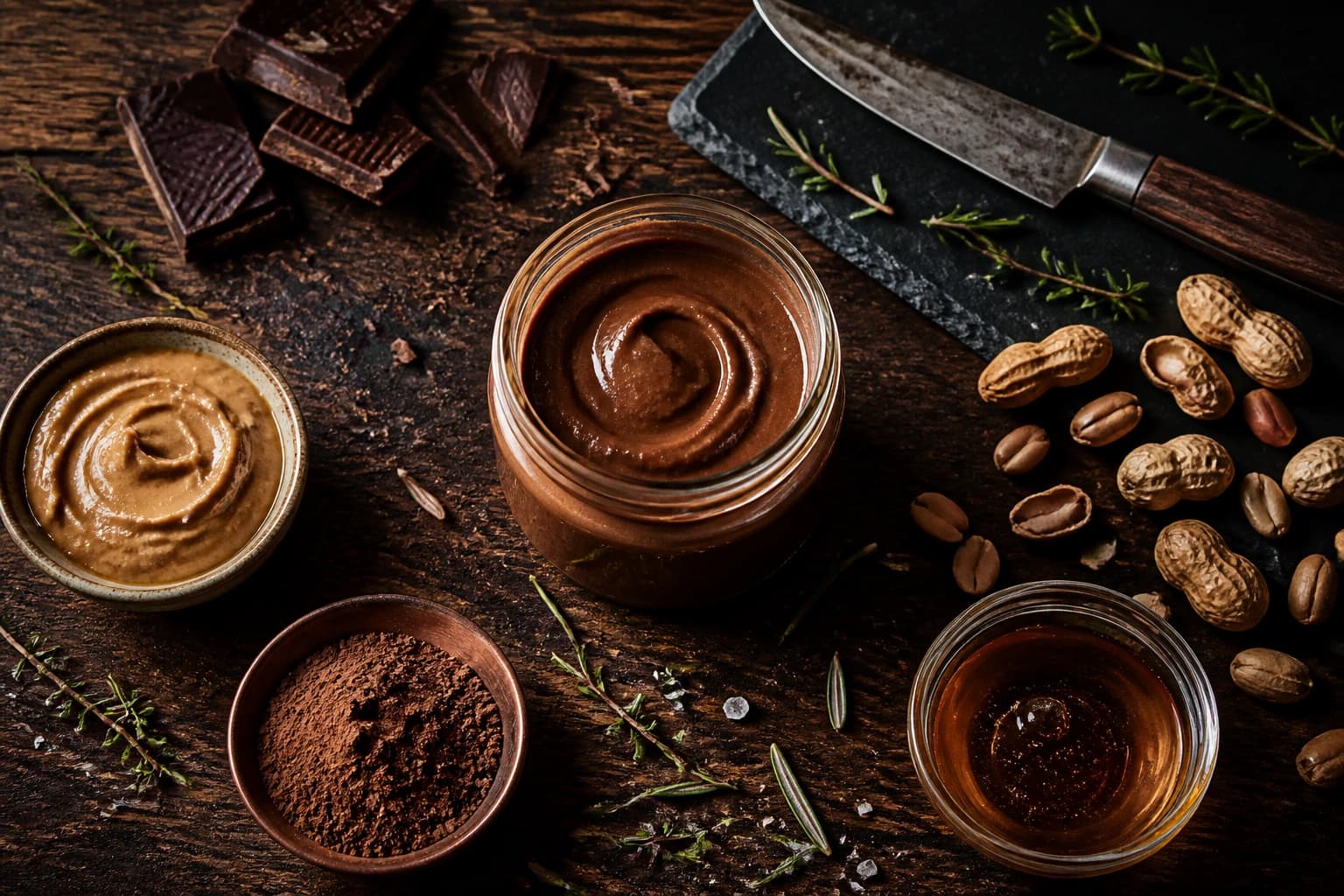 Pâte à tartiner chocolat cacahuète façon Reese's dans un bocal en verre, sur fond bois avec des cacahuètes et éclats de chocolat noir