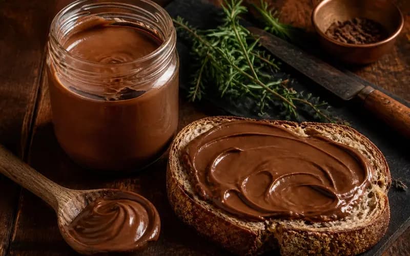 Pâte à tartiner chocolat cacahuète façon Reese's brillante et gourmande dans un pot en verre avec une cuillère