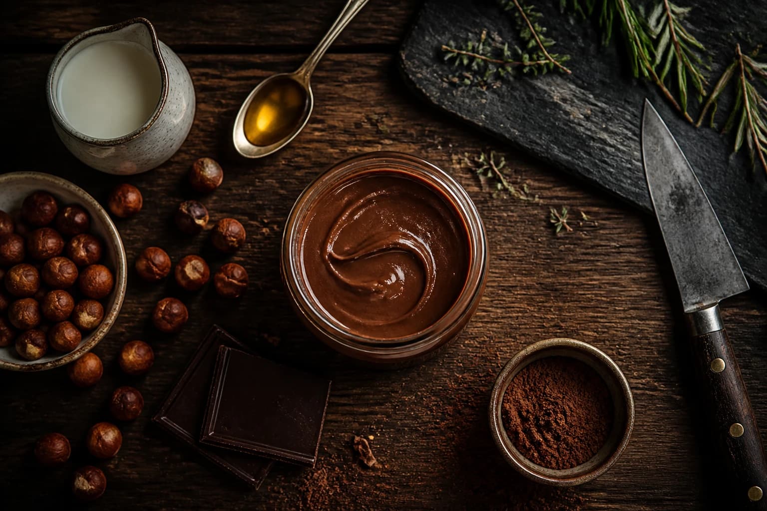 Pâte à tartiner choco-noisette vegan dans un bocal en verre, tartinée sur une tranche de pain complet, éclats de noisettes torréfiées sur le dessus