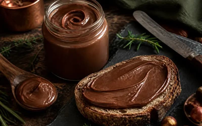Pâte à tartiner choco-noisette vegan onctueuse dans un bocal en verre, généreusement tartinée sur une tranche de pain de campagne