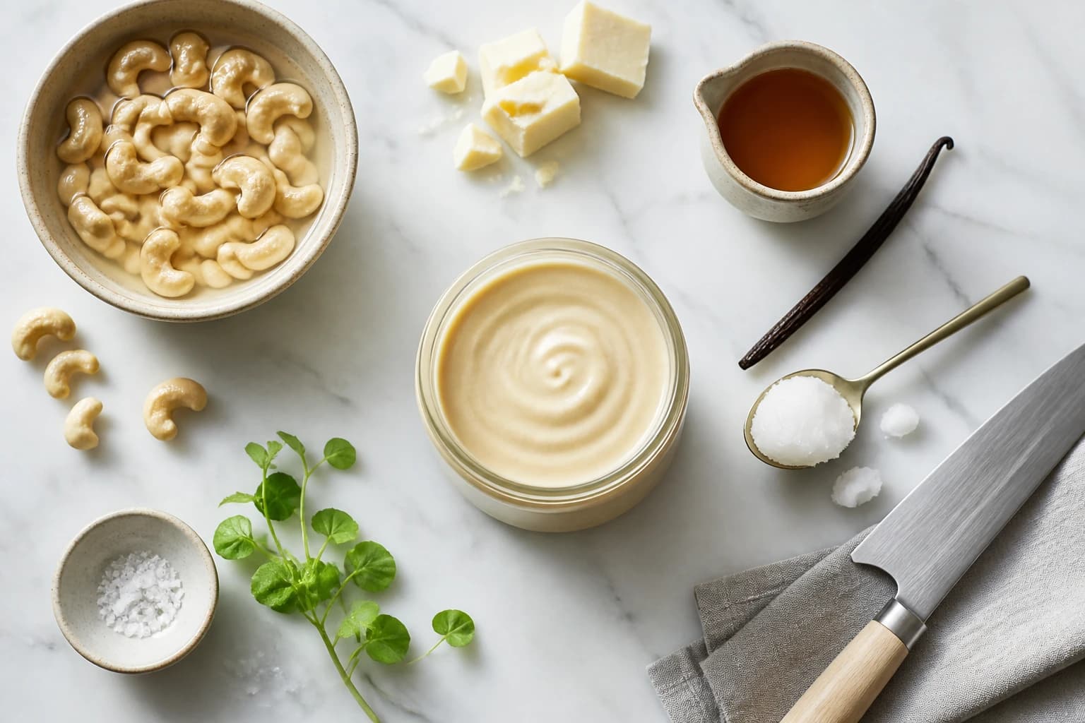 Pâte à tartiner chocolat blanc vegan onctueuse servie sur une tranche de pain, pot en verre et noix de cajou autour
