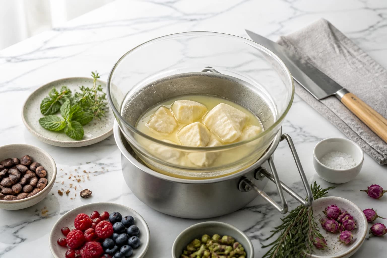 Etape 2 : Fondre le beurre de cacao au bain-marie — Pâte à tartiner chocolat blanc vegan onctueuse