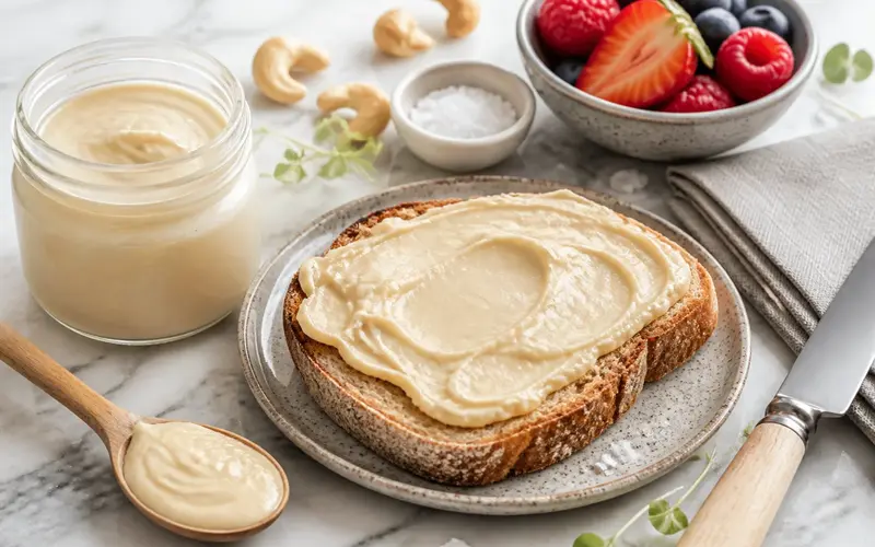 Pâte à tartiner chocolat blanc vegan ivoire et crémeuse dans un pot en verre sur un plan de marbre clair