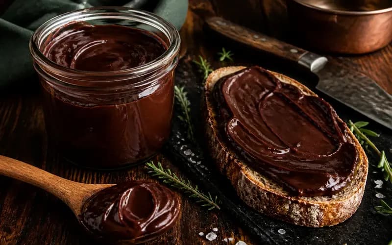 Pâte à tartiner chocolat noir vegan intense et brillante dans un bocal, tartinée sur du pain complet
