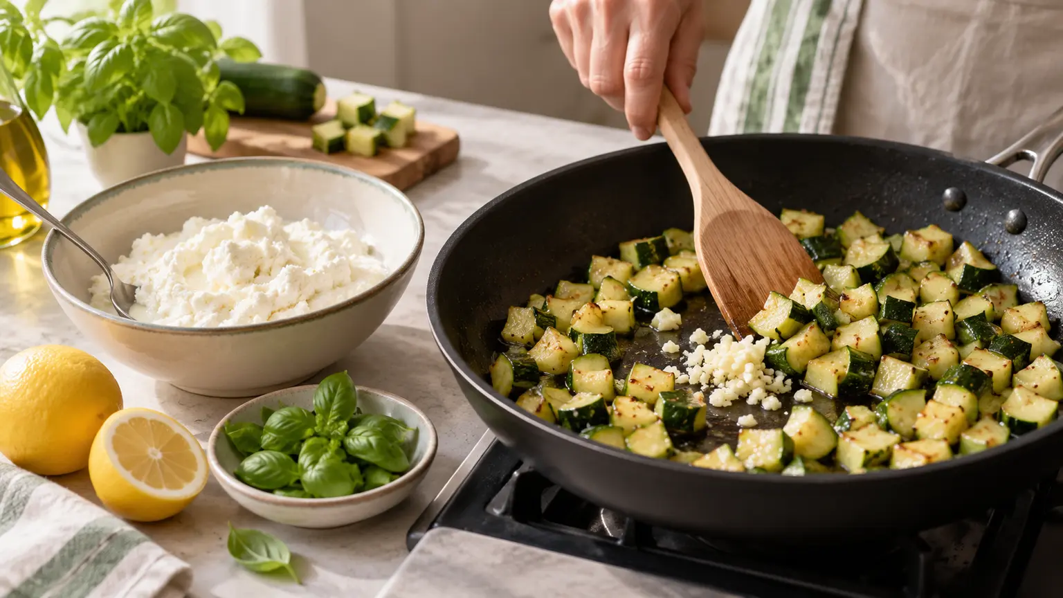 Etape 3 : Faire fondre les courgettes — Pâtes complètes courgettes citron ricotta légère