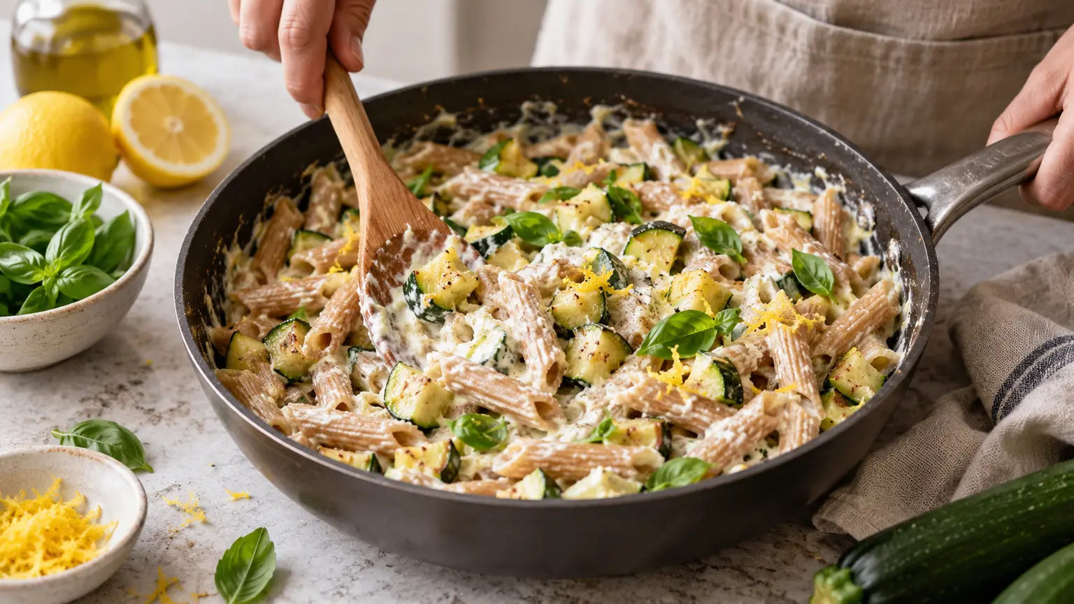 Etape 4 : Lier la sauce et servir — Pâtes complètes courgettes citron ricotta légère