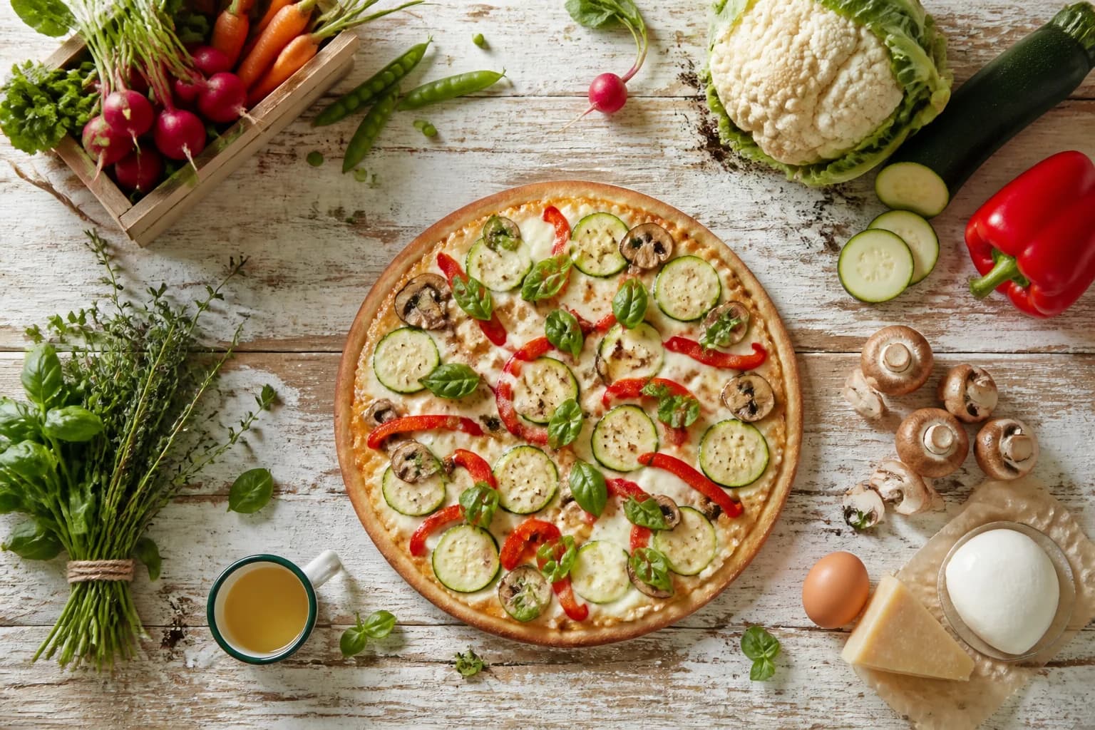 Pizza chou-fleur légumes vue du dessus avec les ingrédients bruts disposés autour