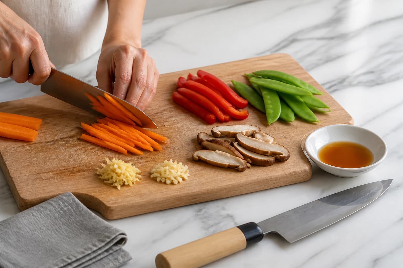 Etape 1 : Préparer les légumes et la marinade — Gambas wok sauce soja : express et léger