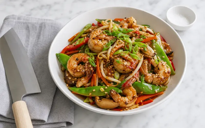 Poêlée de gambas et légumes colorés au wok, sauce soja allégée, servie dans un bol blanc avec des graines de sésame dorées