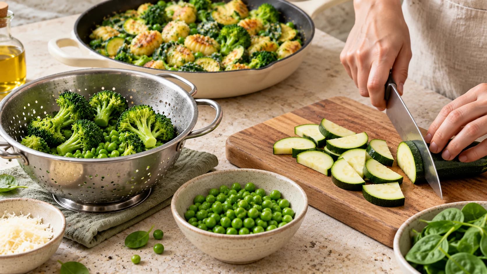 Etape 1 : Préparer les légumes verts — Poêlée de gnocchis légumes verts pesto léger