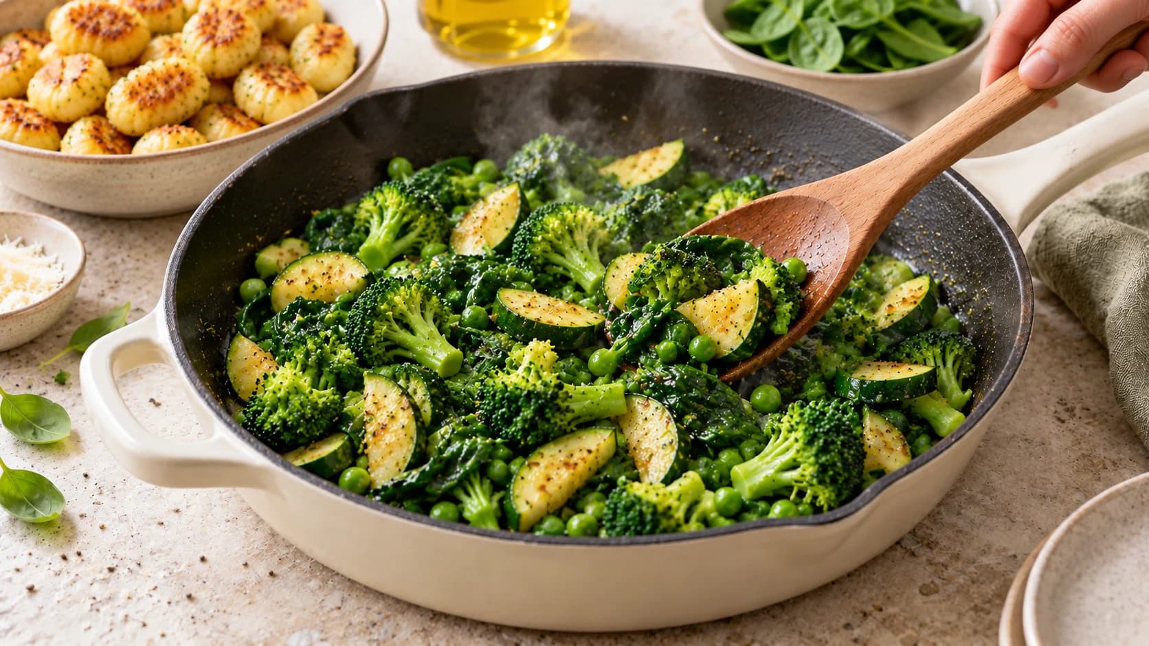 Etape 3 : Sauter les légumes — Poêlée de gnocchis légumes verts pesto léger