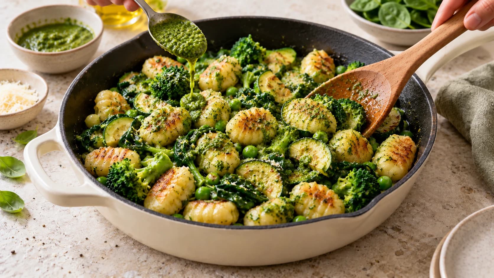 Etape 4 : Napper de pesto léger — Poêlée de gnocchis légumes verts pesto léger