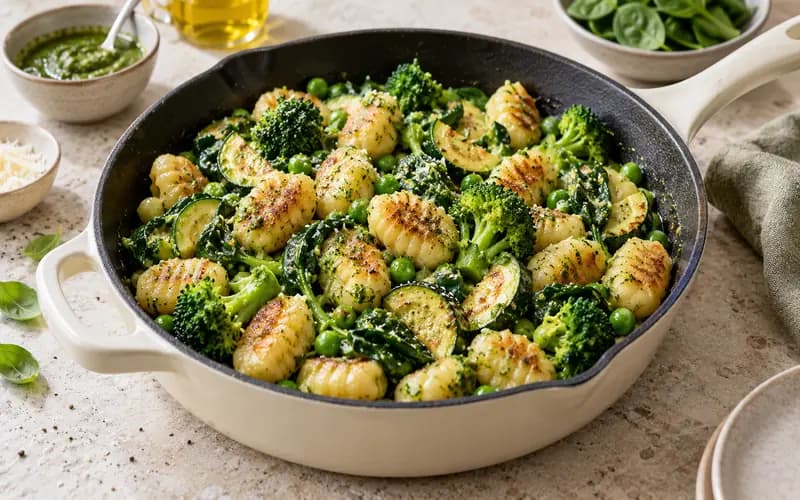 Poêlée de gnocchis dorés avec brocoli, courgette, petits pois, épinards et pesto léger
