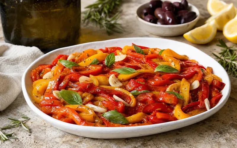 Poivrons rôtis marinés rouges, jaunes et orange, luisants d'huile d'olive, parsemés d'ail et de basilic frais dans une assiette