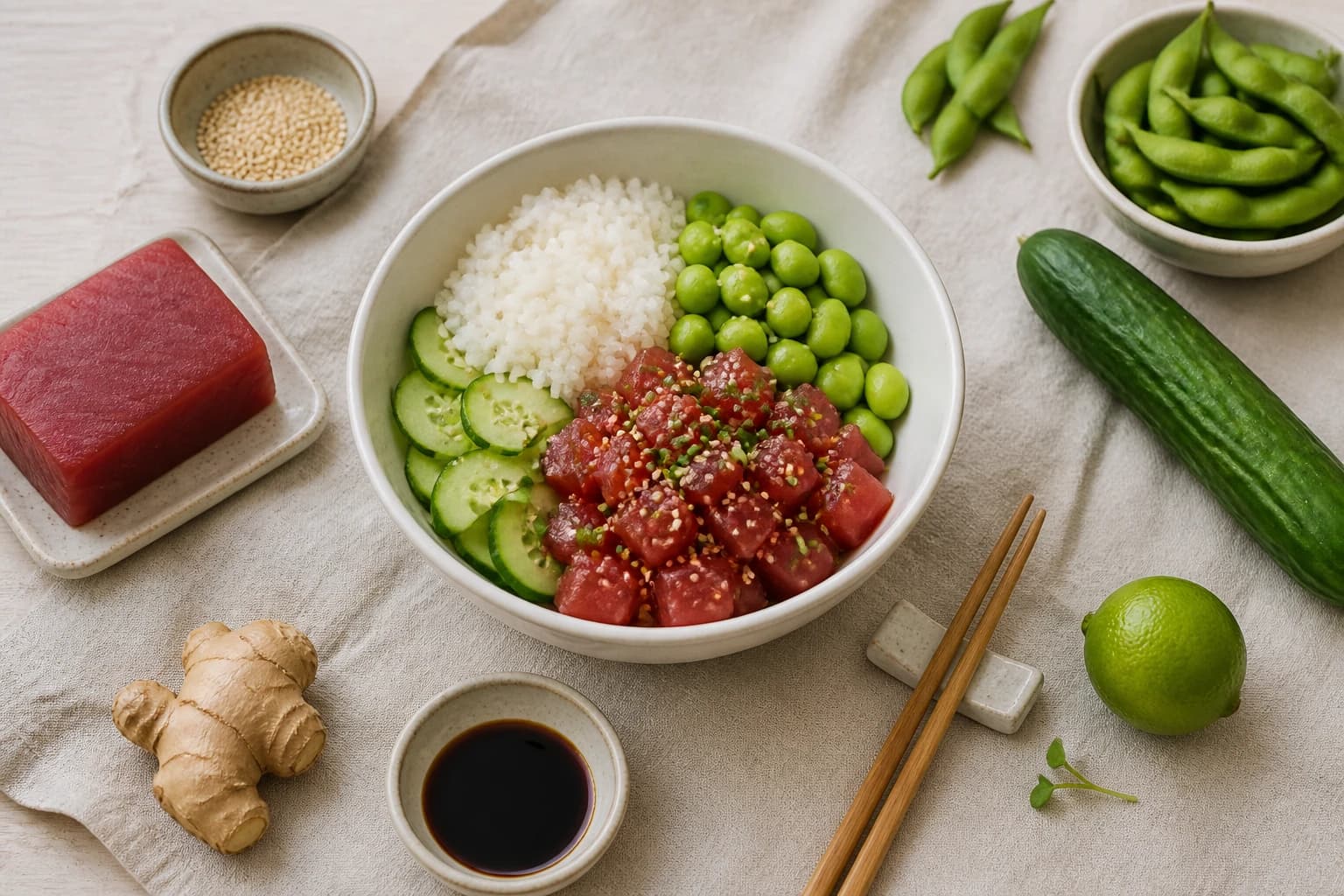 Poke bowl thon, edamames et concombre frais servi dans un bol blanc avec riz vinaigré