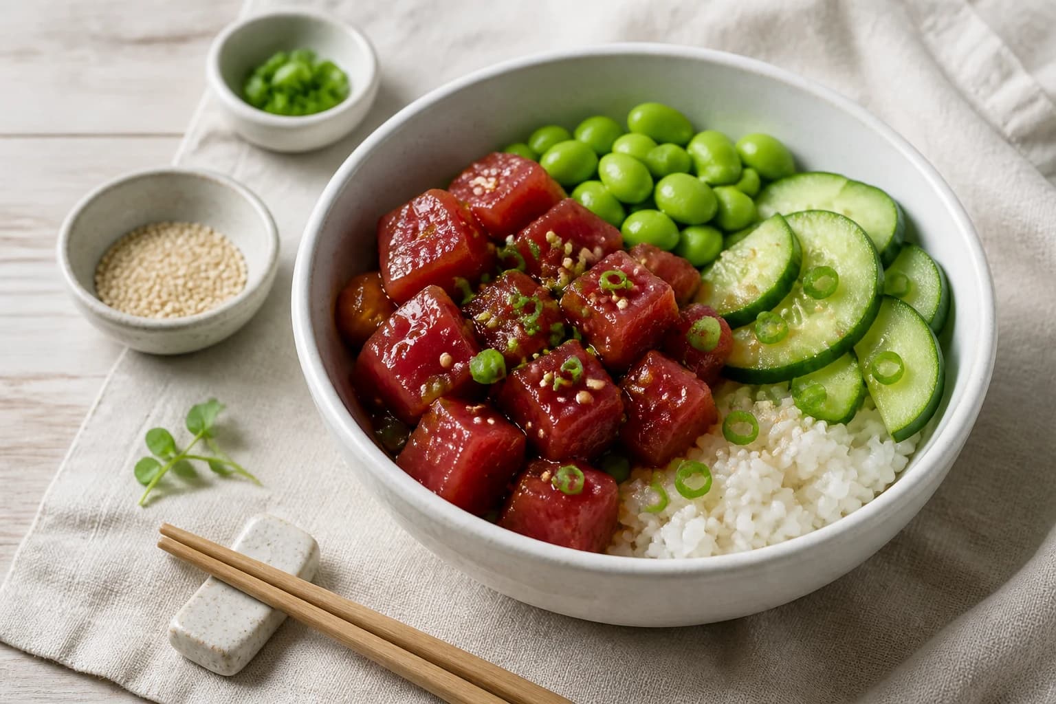 Etape 2 : Mariner le thon — Poke bowl thon, edamames & concombre