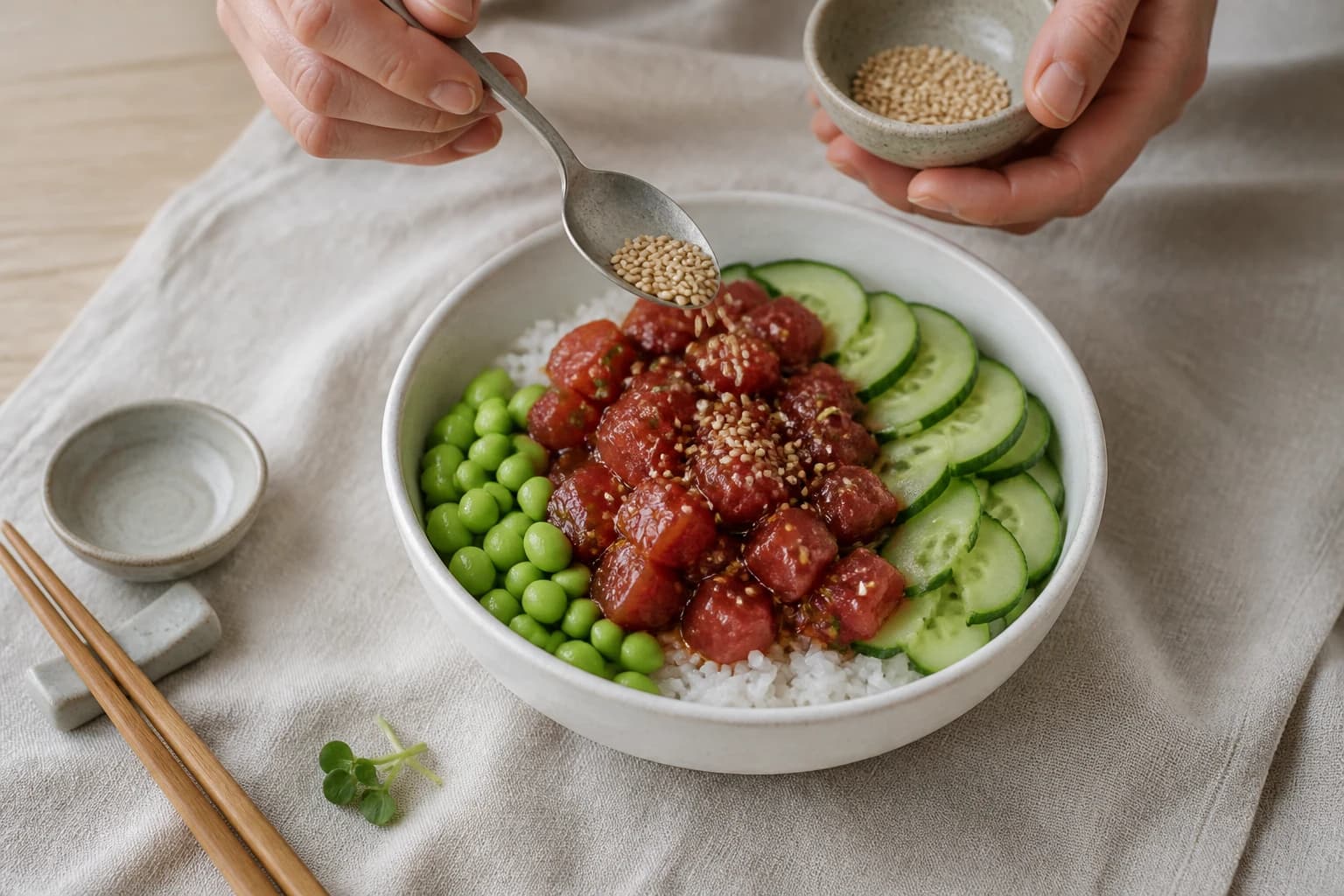 Etape 4 : Dresser le bowl — Poke bowl thon, edamames & concombre
