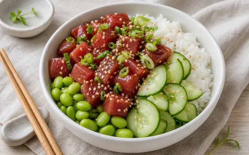 Poke bowl thon, edamames et concombre dans un bol blanc avec riz vinaigré, marinade soja-sésame et graines de sésame